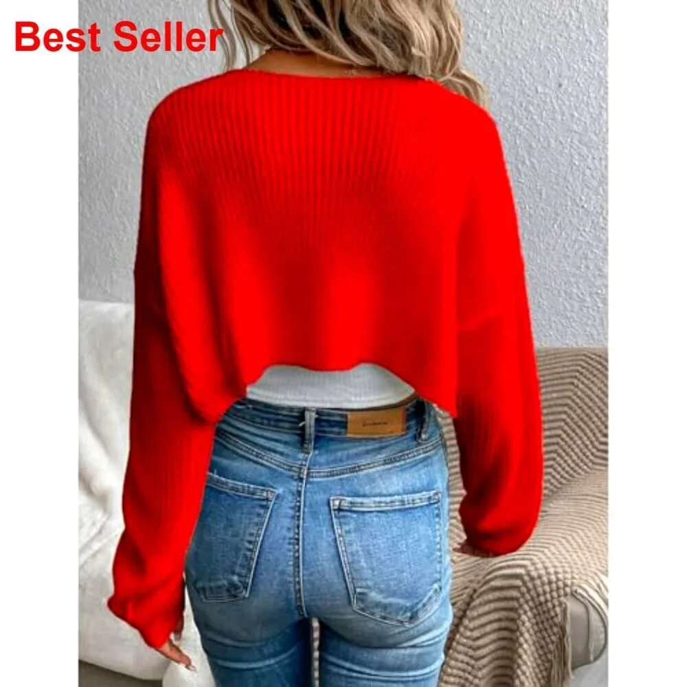 Long Sleeve Cropped Cardigan Shrug Open Front Knit Bolero for Dresses